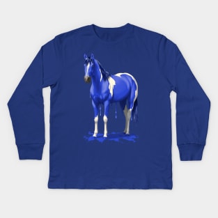 Bright Royal Blue Pinto Wet Paint Horse Kids Long Sleeve T-Shirt